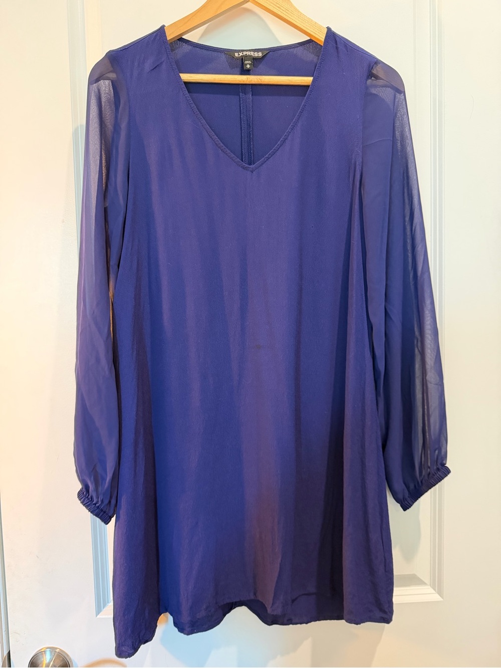 Express Navy Blue Shift Dress Sheer Long Sleeve V-Neck Size M